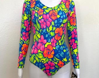 Vintage 90s Bright Blue Neon Green Orange Floral Flower Print GK Elite Sport Long Sleeve Scoop Aerobic Dance Leotard Bodysuit Adult Medium M