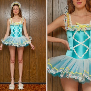 Vintage 90s Pastel Teal Blue White Yellow Shiny TuTu Heart Floral Lace Trim Sequined Dance Dirndl Sleeveless Skirted Leotard Ballet Costume