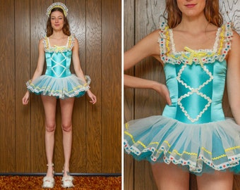 Vintage 90s Pastel Teal Blue White Yellow Shiny TuTu Heart Floral Lace Trim Sequined Dance Dirndl Sleeveless Skirted Leotard Ballet Costume