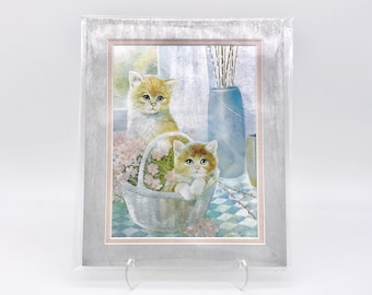 Vintage Kitten Twin Basket Pastel Flowers Foil Etching Art Print Silver Metallic Pink Silk Double Mat Ready to Frame in 8x10 Image 7.5 x 5.5