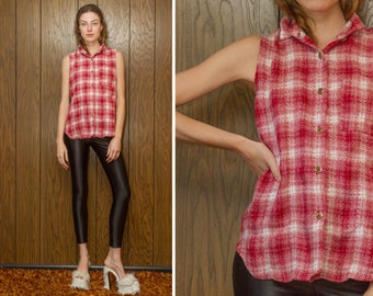 Vintage 90s Red White Plaid Tortoise Sleeveless Oversized Grunge Country Farmer Western Textured Flannel Button Tank Top Collared Blouse S M
