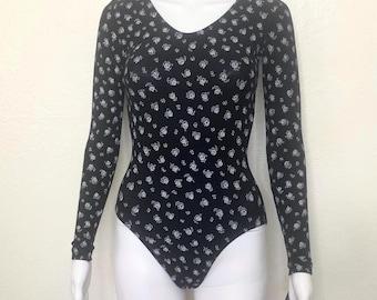 Vintage 90s Black White Mini Flower Floral Print GK Elite Sport Long Sleeve Scoop Aerobic Dance Leotard Bodysuit Adult X Small XS