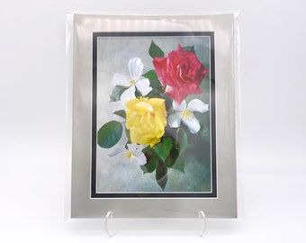Vintage Red Yellow Rose Roses Flowers Foil Etching Art Print Shiny Metallic Black Silver Double Mat Ready to Frame in 8x10 Image 7.5 x 5.5
