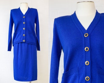 Vintage 80s Laura Petites Airline Stuartist Blue Gold Enamel Button Front Cardigan Sweater Jacket Knee Length Skirt Career Professional Suit