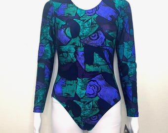 Vintage 90s Black Purple Teal Abstract Picasso Print Graphic GK Elite Sport Long Sleeve Scoop Aerobic Dance Leotard Bodysuit Adult Medium