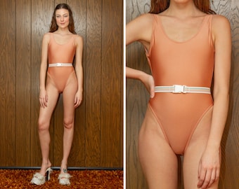 CFS 80s Pastel Rainbow Elastic Striped Belted Workout Shiny Nude Beige Tank Scoop Neck Low Open Back High Leg Hi Cut Leotard Swimsuit S M L