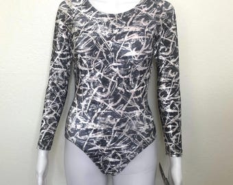 Vintage 90s Shiny Velvet Black White Abstract Floral Print GK Elite Sport Long Sleeve Scoop Aerobic Dance Leotard Bodysuit Adult X Small XS