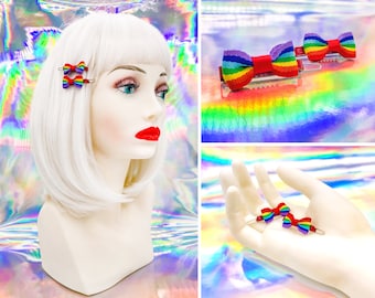 Vintage 80s 90s Red Enamel Metal Retro Rainbow Ribbon Mini Hinge Tooth Claw Hair Clip Barrette LGBTQ Pride Rave Hair Barrettes Pair Set of 2