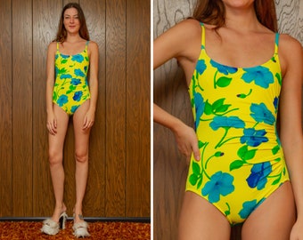 Vintage 90s Y2K Cole of California Bright Yellow Green Blue Teal Hibiscus Poppy Kawaii Tropical Flower Floral Print One Piece Swimsuit S M 6