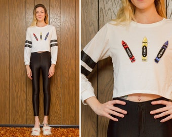 Vintage Y2K School Rugby Athletic White Red Blue Yellow Primary Color Crayon Black Beaded Sequined Metallic Long Sleeve T-Shirt Crop Top S M