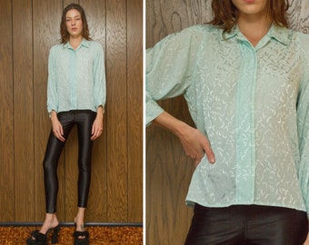 Vintage 80s Pastel Mint Green Teal Blue Shiny Leopard Animal Print 3-D Textured Collar 3/4 Sleeve Pleated Dress Top Oxford Formal Blouse S M