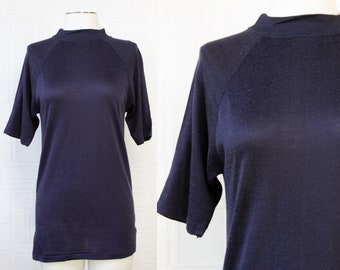 Vintage 70s 80s Lightweight Semi Sheer Dark Navy Blue Short Half Raglan Sleeve High Neck Mock Turtleneck Tunic Tall Long Length Top Shirt M