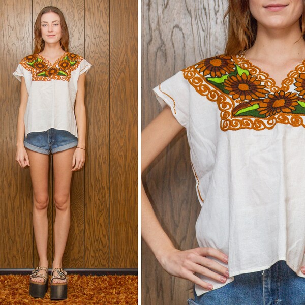 Vintage White Cognac Tan Brown Green Black Embroidered Flower Sunflower Mexican Bohemian Guatemalan Oaxaca Frida Kahlo Peasant Blouse Top S