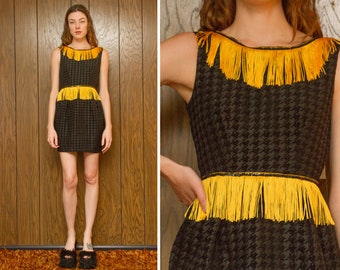 School Homecoming Prom Queen Black Sequined Houndstooth Gold Yellow Fringe Color Guard Band Tea Cup Sleeveless Mini Peplum Letterman Dress S