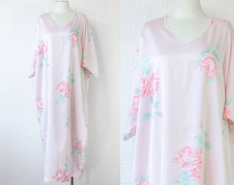 Vintage 70s Mary McFadden Pastel Pink Shiny Rose Flower Short Sleeve MuMu Kaftan Mid Calf Ankle Length House Dress fits Plus Size *Damaged*