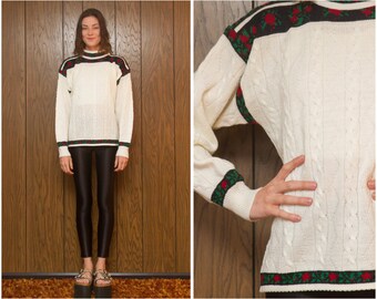 Vintage 80s Cheryl Piego Love Turtleneck Rose Red Flower Black White Striped Pullover Norwegian Scandinavian Winter Ski Jumper Sweater S M