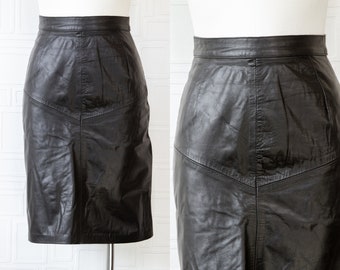 Vintage 80s Genuine Black Shiny Leather Lined High Waist Back Zip Button Fitted Pin Up Rocker Below Knee Length Wiggle Pencil Skirt 6 S M