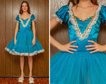 Vintage 90s Shiny Aqua Teal Blue Gold TuTu Tulle Sequin Dance Ice Skate Ballet Open Puff Sleeve Skirted Leotard Princess Dress Costume XS S
