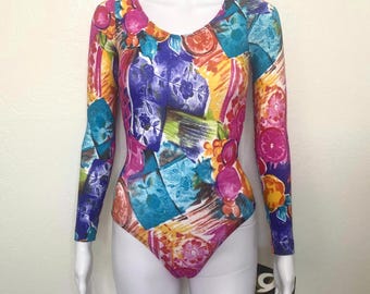 Vintage 90s Pink Purple Orange Green Abstract Floral Print GK Elite Sport Long Sleeve Scoop Aerobic Dance Leotard Bodysuit Adult X Small XS