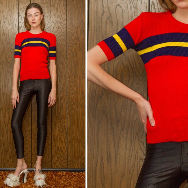Vintage 70s 80s Primary Color Block Bright Red Navy Blue Yellow Striped Short Sleeve Lightweight Ribbed Crew Neck Sweater Blouse Top XS S M