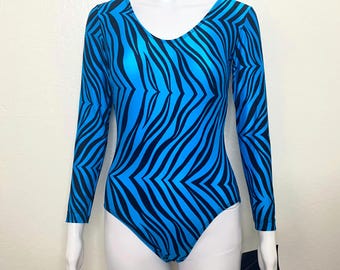 Vintage 90s Teal Peacock Turquoise Blue Zebra Tiger Animal GK Elite Sport Long Sleeve Scoop Aerobic Dance Leotard Bodysuit Adult Medium M