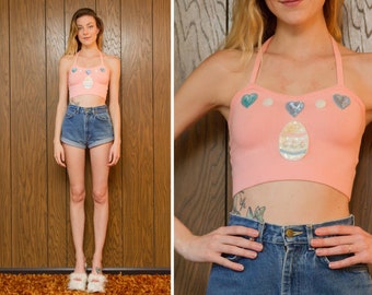 Spring Holiday Kawaii Pastel Pink Baby Blue White Iridescent Holographic Heart Love Faberge Egg Convertible Cross Back Crop Halter Top XS S