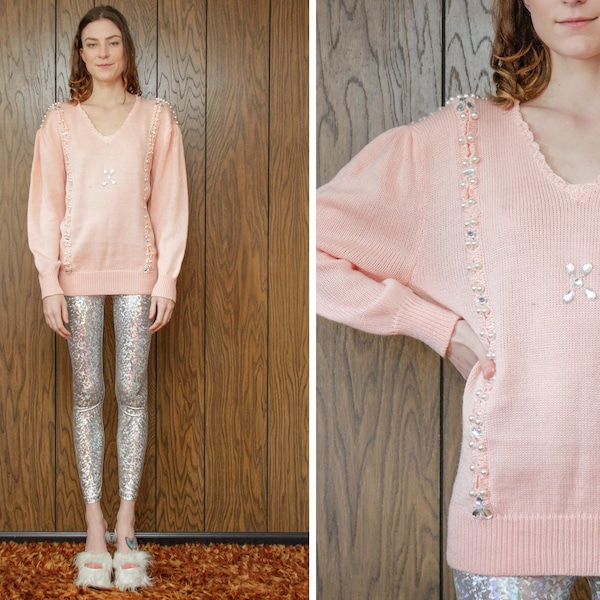 Vintage 80s Baby Pastel Pink Beaded Jewel Pearl Jeweled Granny Cable Knit Acrylic Long Sleeve Tunic Pullover V Neck Sweater Oversize S M
