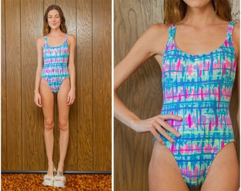 Vintage 90s Neon Blue Pink Green Yellow Rainbow Vaporwave Kawaii Graphic High Hi Cut Cross Back One Piece Swimsuit Bodysuit Leotard S M