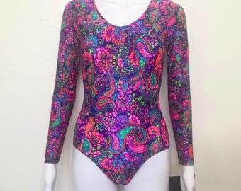 Vintage 90s Neon Purple Teal Pink Flower Floral Print Graphic GK Elite Sport Long Sleeve Scoop Aerobic Dance Leotard Bodysuit Adult X Small