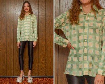 Vintage 70s Distressed Thrashed Thin Green Yellow Polka Dot Striped Square Pattern Button Collared Long Sleeve Jaymar Mens Oxford Shirt M L
