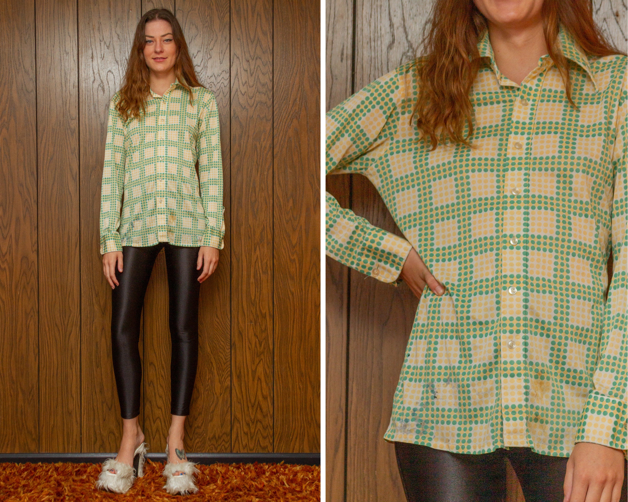 Vintage 70s Distressed Thrashed Thin Green Yellow Polka Dot Vintage 70s Distressed Thrashed Thin Green Yellow Polka Dot