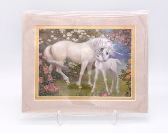 Vintage Unicorn Pair Mother Child Flowers Fantasy Foil Etching Art Print Shiny Pink Gold Double Mat Ready to Frame in 8x10 Image 7.5 x 5.5