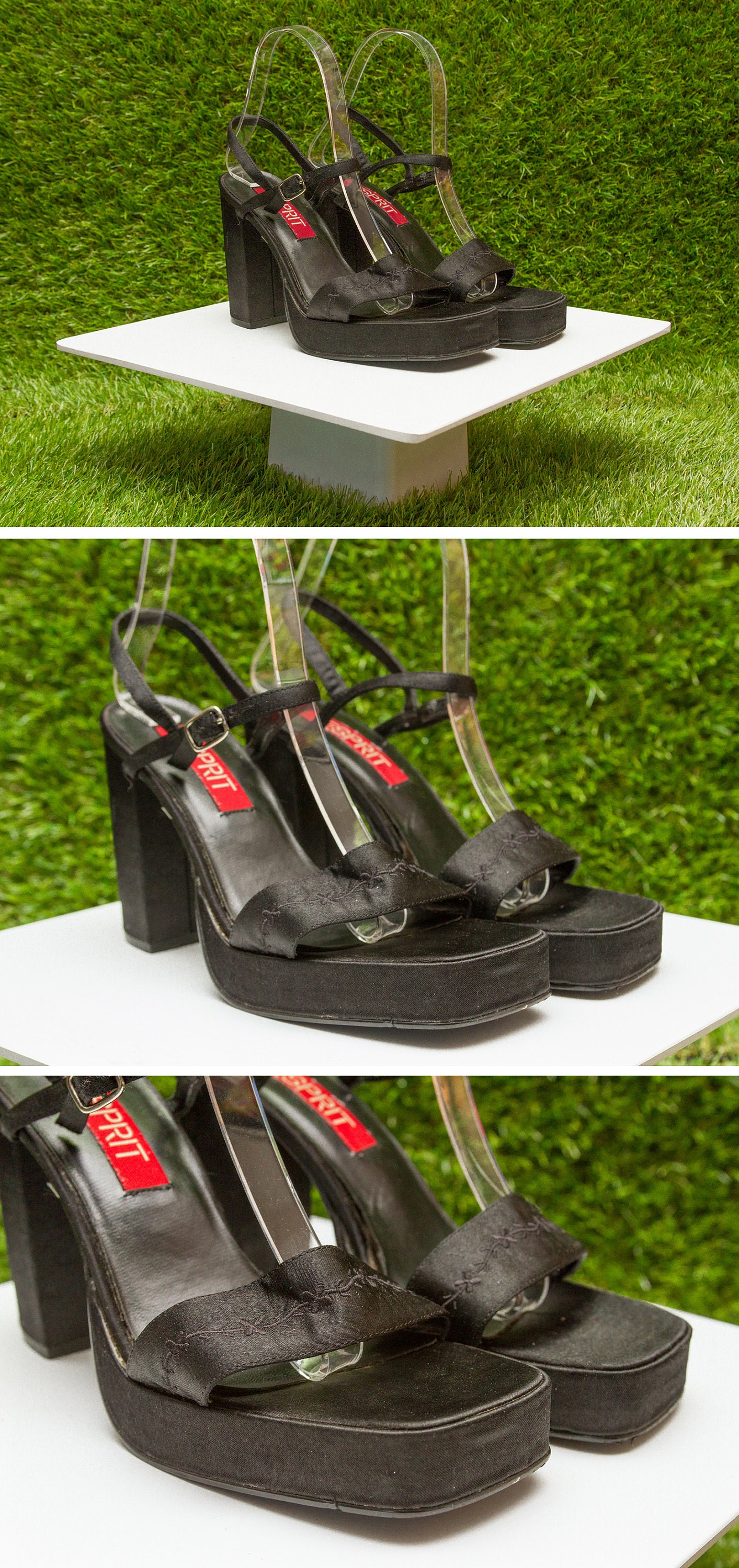 Vintage 90s Esprit Black Shiny Satin Platform Embroidered Flower T