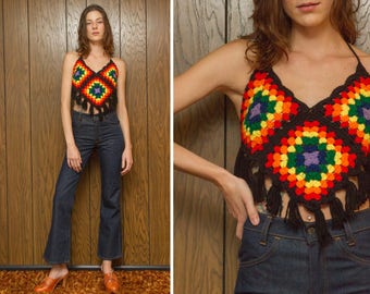 Vintage 70s Black Asymetrical Handmade Hippie Festival Crochet Knit Rainbow Fringe V Cut Handkerchief Afgan Acrylic Yarn Crop Halter Top XS