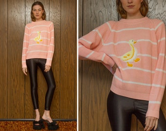 Vintage 90s White Pink Pastel Striped Yellow Baby Duck Duckling Chenille 3-D Embroidered Patch Long Sleeve Raglan Crewneck Girl Sweater M L