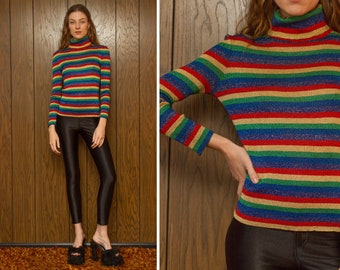 Vintage 70s 80s RARE Metallic Rainbow Gold Multi Striped Primary Color Block Semi Sheer Turtleneck Long Sleeve Lurex Tinsel Blouse Top S M L