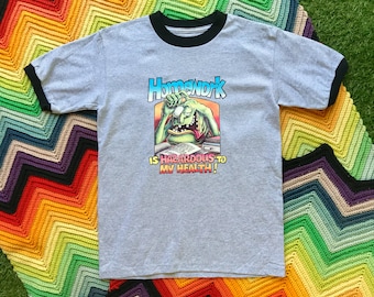 Vintage 90s Unisex Gray Black Homework Hazordous Ringer Crewneck Heat Transfer Graphic Funny School Novelty Cotton Short Sleeve T-Shirt S M