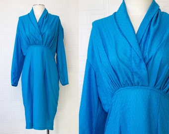 Vintage 80s Aqua Blue Thin Sheer Shiny Striped Peplum Knee Length A Line Pleated Faux Wrap Front Long Sleeve Cowl V Neck Pencil Dress M L