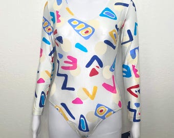 Vintage 90s Abstract White Cream Blue Pink Red Graphic GK Elite Sport Long Sleeve Scoop Aerobic Dance Leotard Bodysuit Adult Medium M