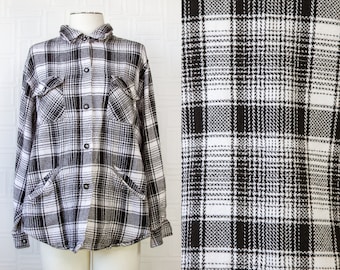 Vintage 90s Black White Plaid Striped Square Textured Thick Cotton Soft Pocket Button Collared Long Sleeve Plush Jacket Shirt Top S M L
