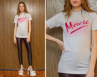 Vintage 70s 80s Golden Hi-Cru by Stedman Cotton Small Tall Thin Cut Iron On Pink Red Muscle Script Checker Graphic Exercise T-Shirt Top XS S