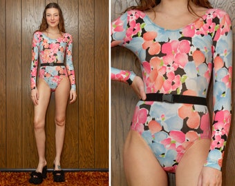 Vintage 90s Blue Pink Peach Black White Flower Floral Print GK Cotton Lycra Belted Long Sleeve Scoop Aerobic Dance Leotard Bodysuit XS S