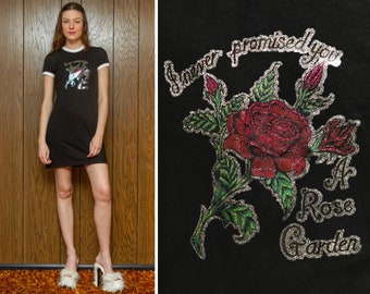 Never Promised You a Rose Garden Metallic Glitter Heat Press Valentine's Day Short Sleeve Black White Y2K Mini Ringer T Shirt Dress XS - M