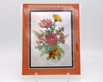 Vintage Red Orange Yellow Daisy Wild Flowers Foil Etching Damaged Art Print Fabric Black Double Mat Ready to Frame in 8x10 Image 7.5 x 5.5