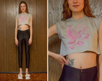 Vintage 80s Screen Stars Gray Pink RARE Pegasus Moon Flying Horse Fantasy Graphic Muscle Belly Tank Top Sleeveless T-Shirt Crop Shirt XS S M