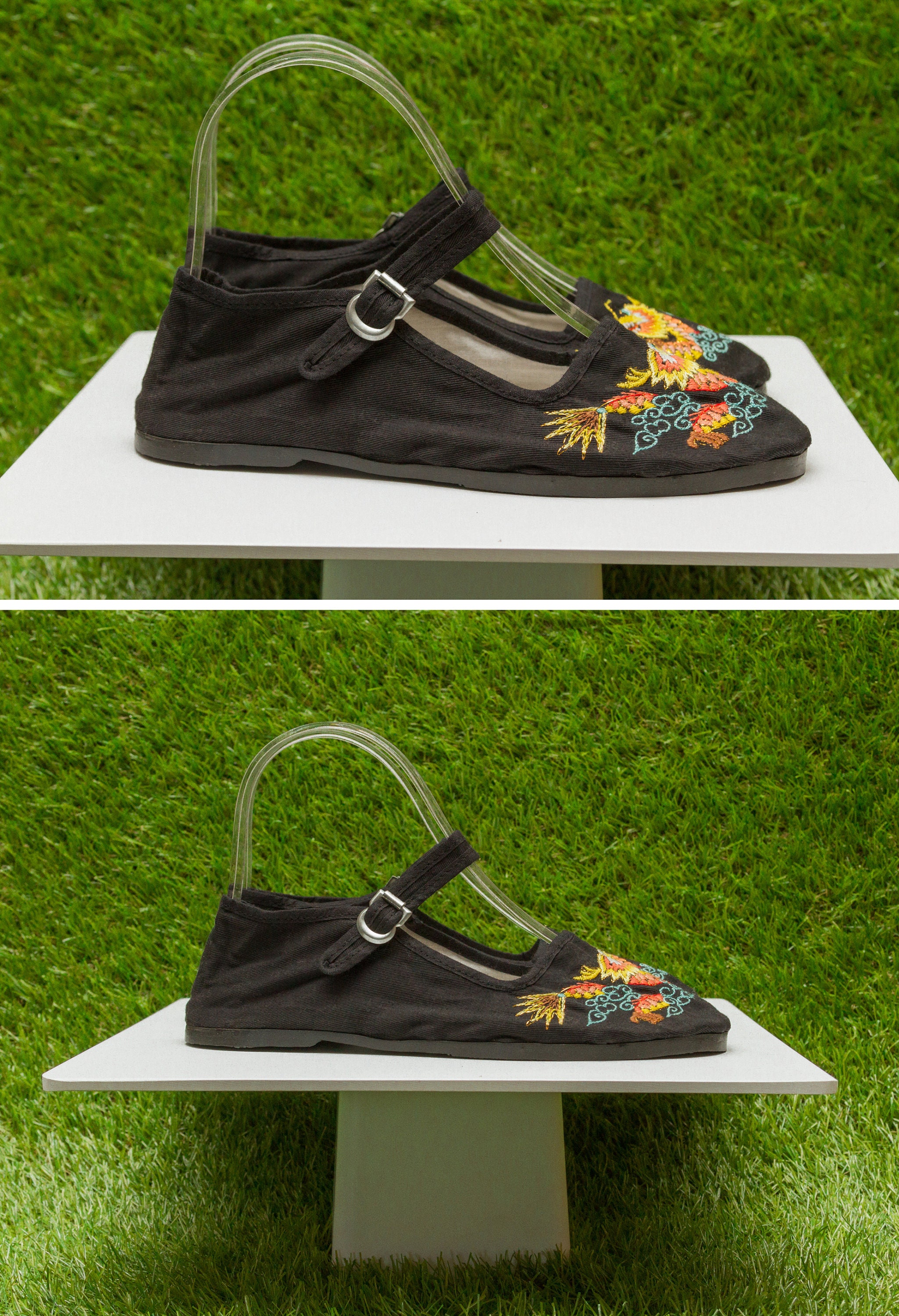 Vintage Y2K Embroidered Dragon Mary Jane Canvas Black