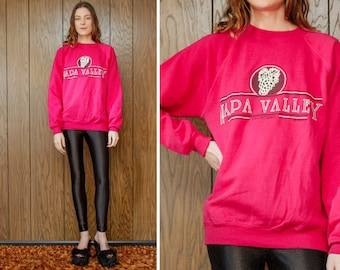Vintage 90s Bright Magenta Pink Black White Graphic Screen Print Long Sleeve Napa Valley Grape Wine Tasting California Soft Sweatshirt S M L