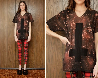 DIY Bleached Inspired Acid Wash Splatter Orange Black Goth Bleach Inverted Cross 666 Distressed V Neck Cotton T-Shirt Short Sleeve Shirt M