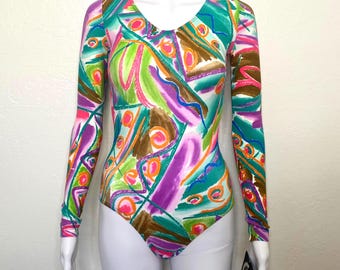Vintage 90s Purple Green Teal Pink White Abstract Sketch Print GK Elite Sport Long Sleeve Scoop Aerobic Dance Leotard Bodysuit Adult Small S
