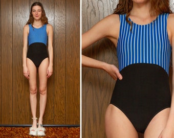 Vintage 90s GK Royal Blue White Black Neon Green Pinstripe Color Block Striped Scoop Neck Sleeveless Cotton Dance Tank Leotard Bodysuit XS S